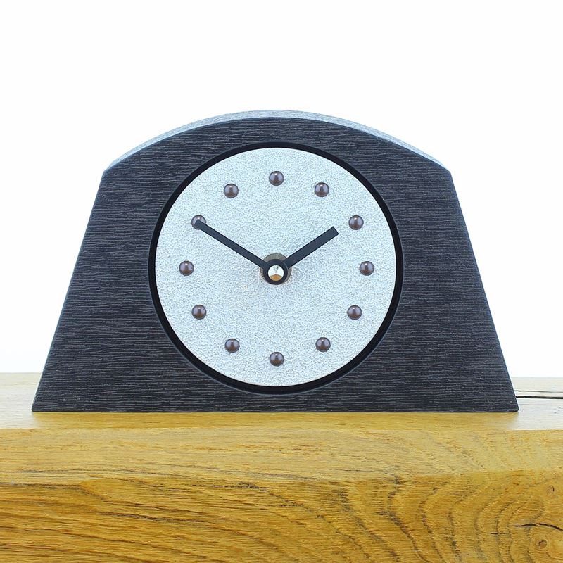 Arched White Mantel Clock, Black Frame, Antique Studs, Black Hands