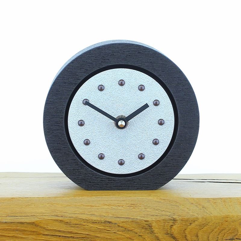 Round White Mantel Clock, Black Frame, Antique Studs, Black Hands