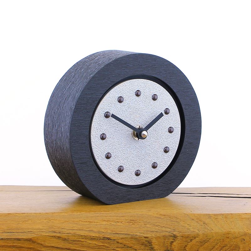 Round White Mantel Clock, Black Frame, Antique Studs, Black Hands