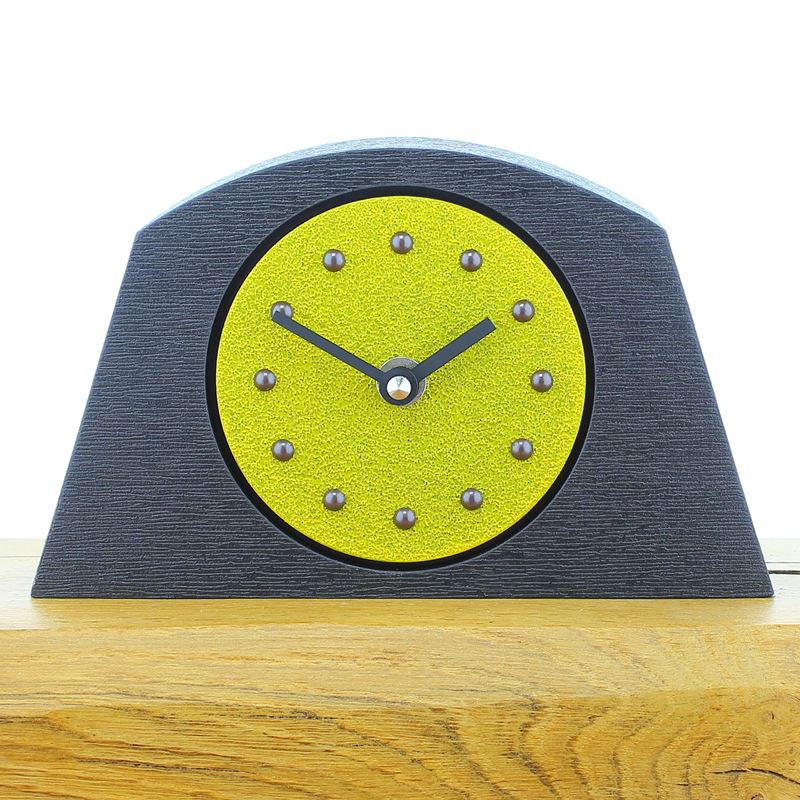 Arched Yellow Mantel Clock, Black Frame, Antique Studs, Black Hands