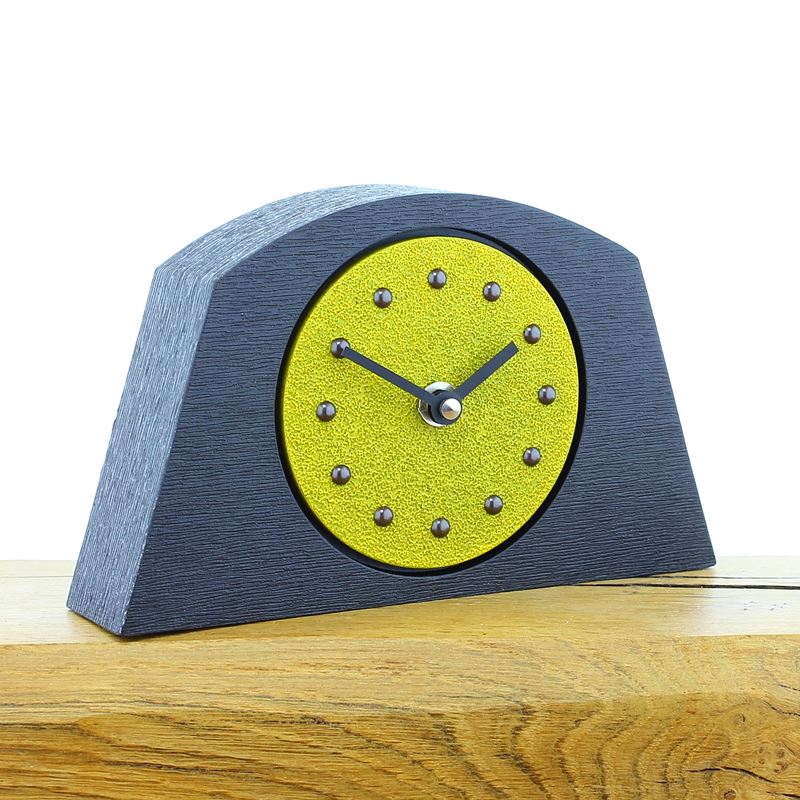 Arched Yellow Mantel Clock, Black Frame, Antique Studs, Black Hands