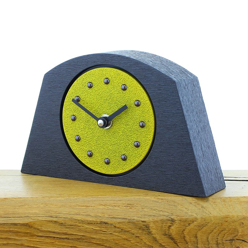 Arched Yellow Mantel Clock, Black Frame, Antique Studs, Black Hands