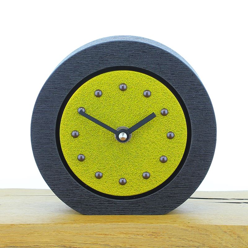 Round Yellow Mantel Clock, Black Frame, Antique Studs, Black Hands