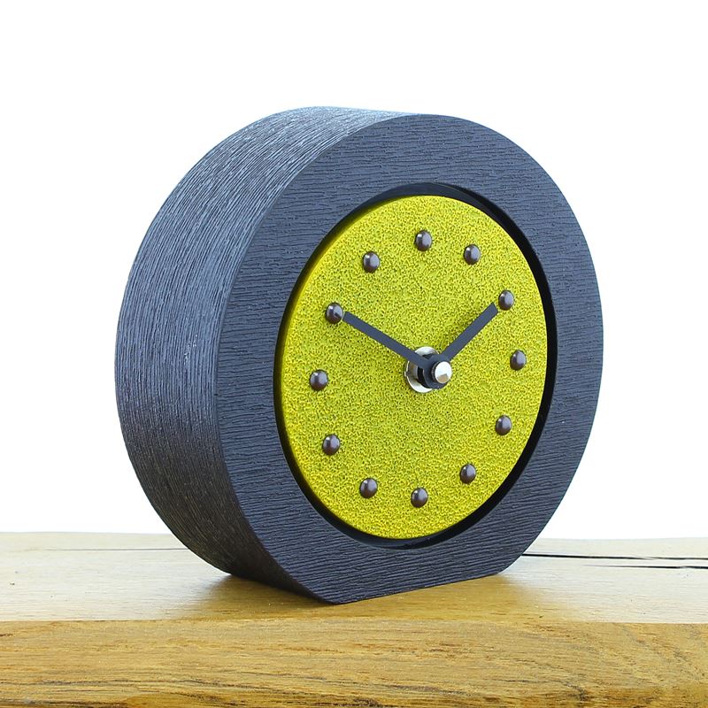 Round Yellow Mantel Clock, Black Frame, Antique Studs, Black Hands