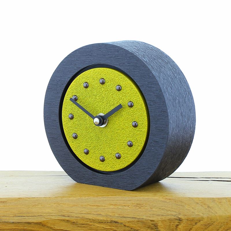 Round Yellow Mantel Clock, Black Frame, Antique Studs, Black Hands