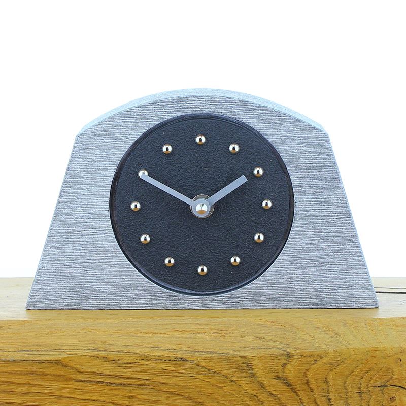 Arched Black Mantel Clock, Silver Frame, Silver Studs and Hands