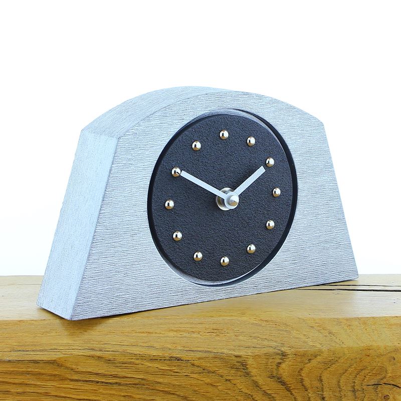 Arched Black Mantel Clock, Silver Frame, Silver Studs and Hands