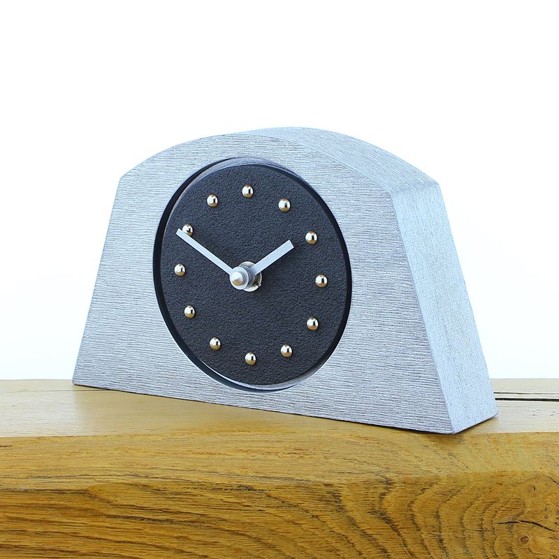 Arched Black Mantel Clock, Silver Frame, Silver Studs and Hands
