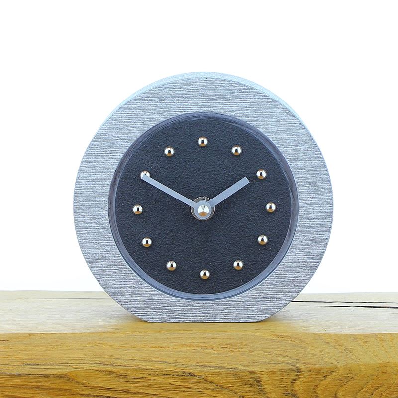 Round Black Mantel Clock, Silver Frame, Silver Studs and Hands