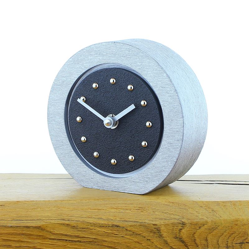 Round Black Mantel Clock, Silver Frame, Silver Studs and Hands