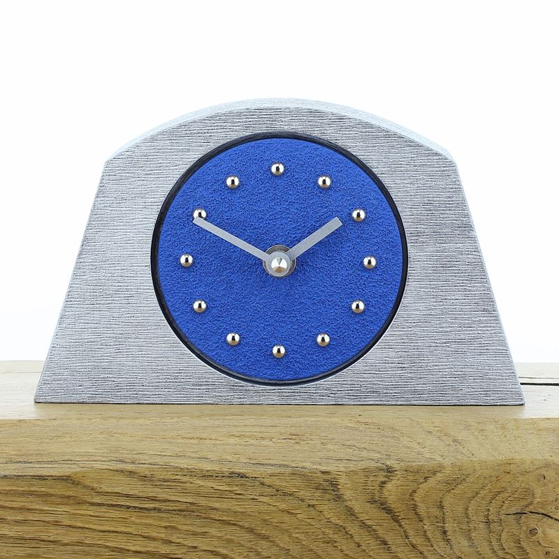 Arched Dark Blue Mantel Clock, Silver Frame, Silver Studs and Hands