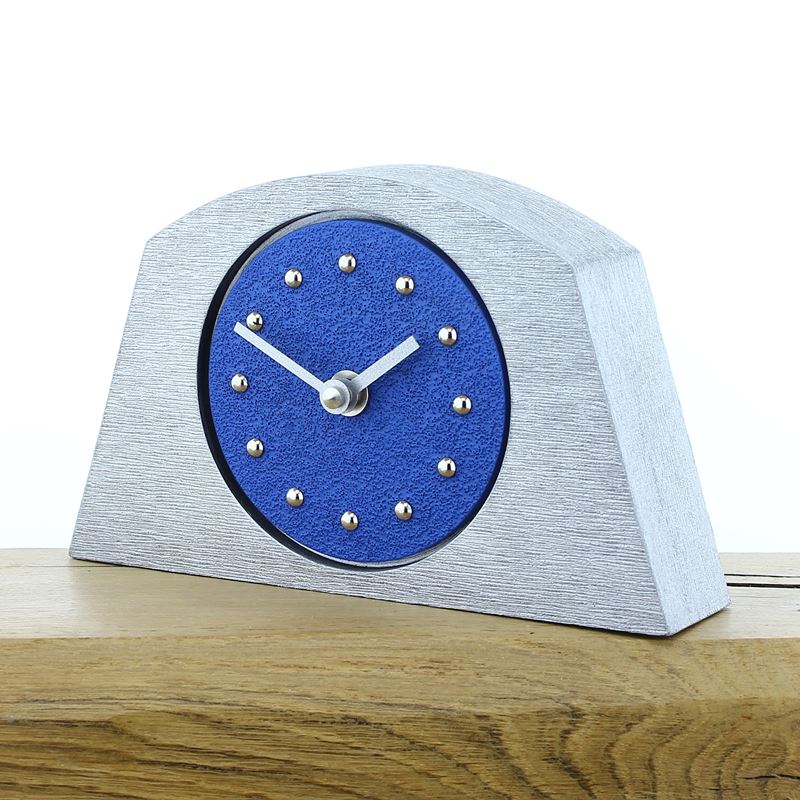 Arched Dark Blue Mantel Clock, Silver Frame, Silver Studs and Hands