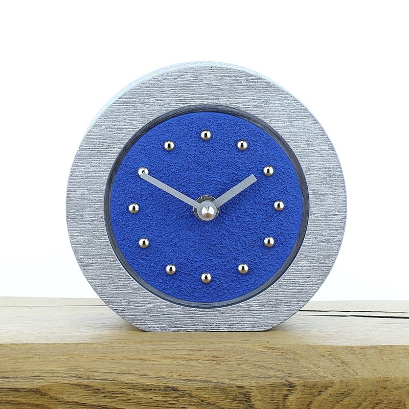Round Dark Blue Mantel Clock, Silver Frame, Silver Studs and Hands