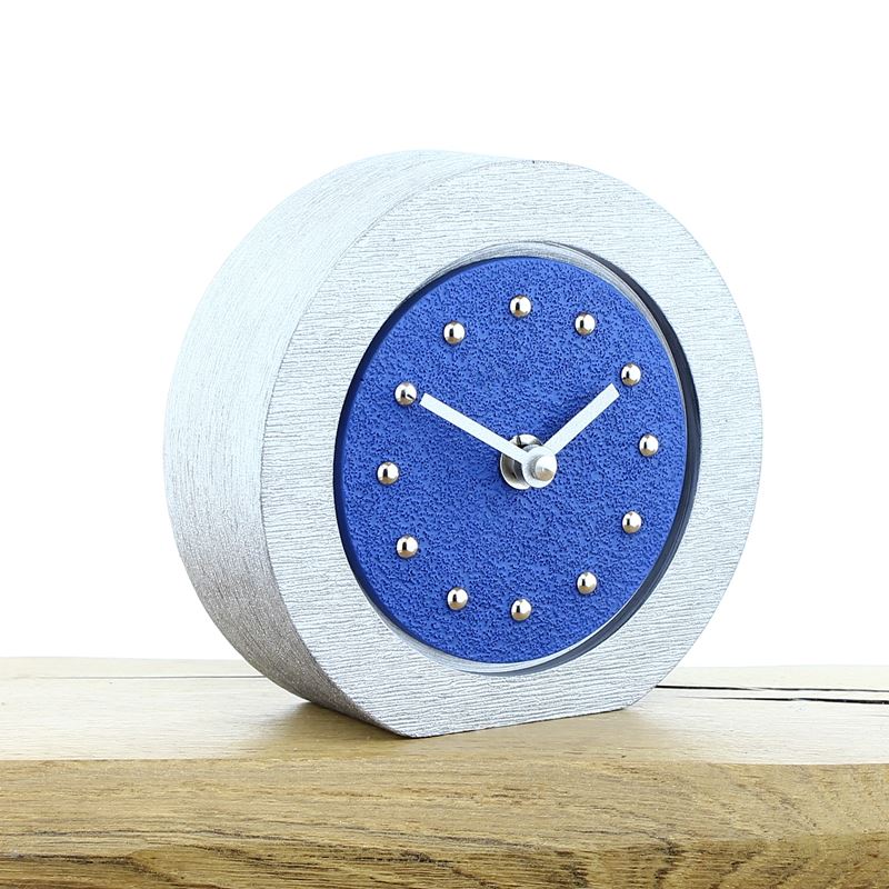 Round Dark Blue Mantel Clock, Silver Frame, Silver Studs and Hands