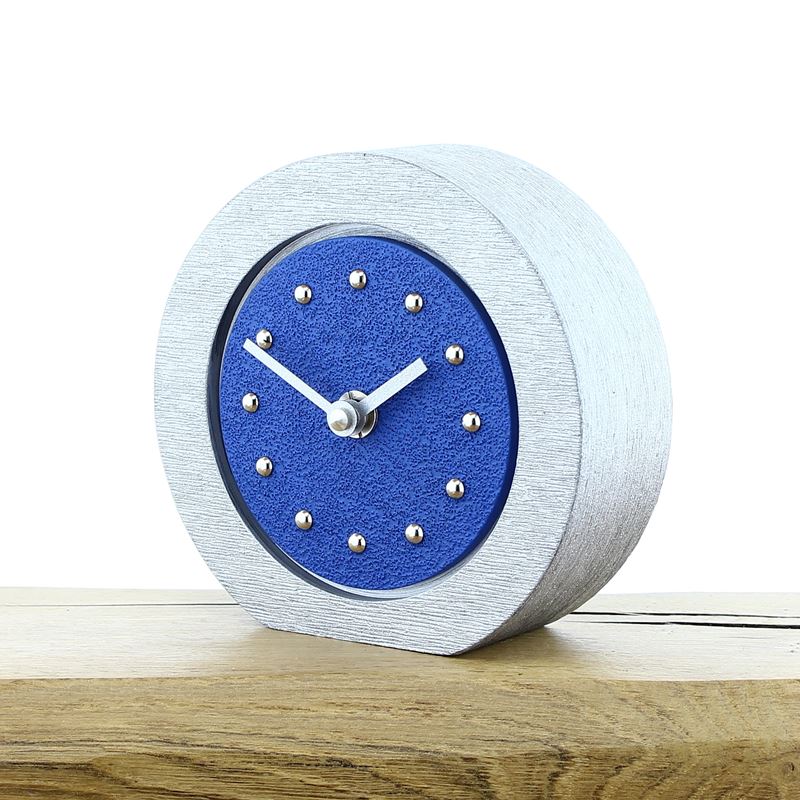 Round Dark Blue Mantel Clock, Silver Frame, Silver Studs and Hands