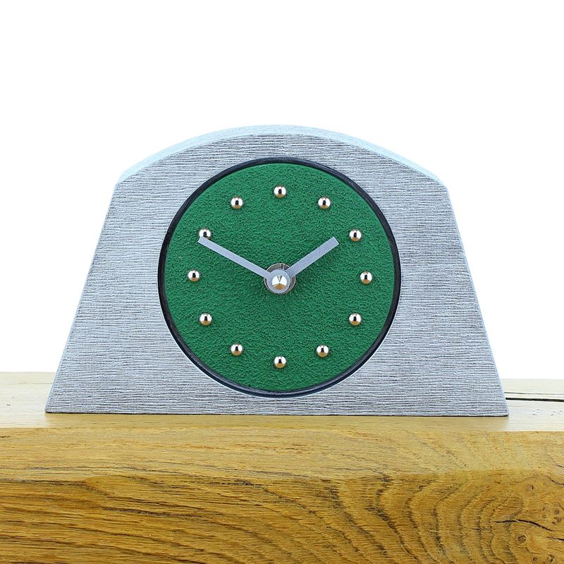 Arched Dark Green Mantel Clock, Silver Frame, Silver Studs and Hands