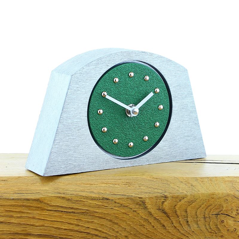 Arched Dark Green Mantel Clock, Silver Frame, Silver Studs and Hands