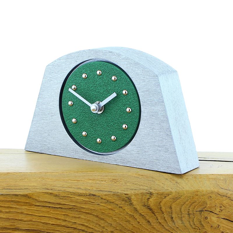 Arched Dark Green Mantel Clock, Silver Frame, Silver Studs and Hands