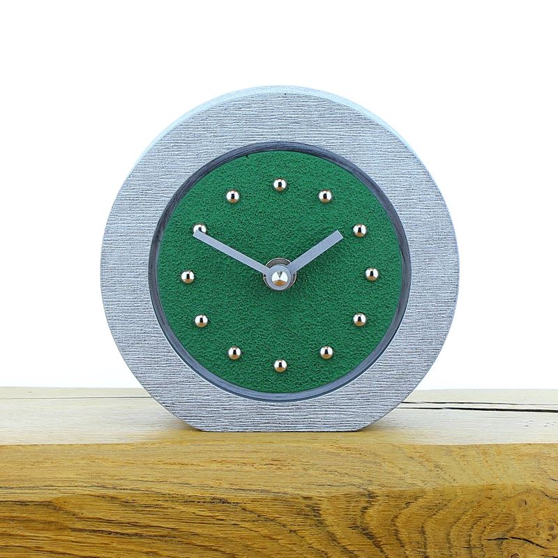 Round Dark Green Mantel Clock, Silver Frame, Silver Studs and Hands
