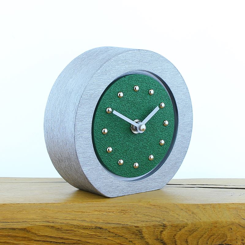 Round Dark Green Mantel Clock, Silver Frame, Silver Studs and Hands