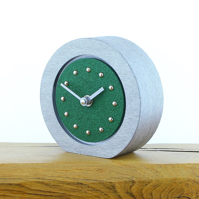 Round Dark Green Mantel Clock, Silver Frame, Silver Studs and Hands