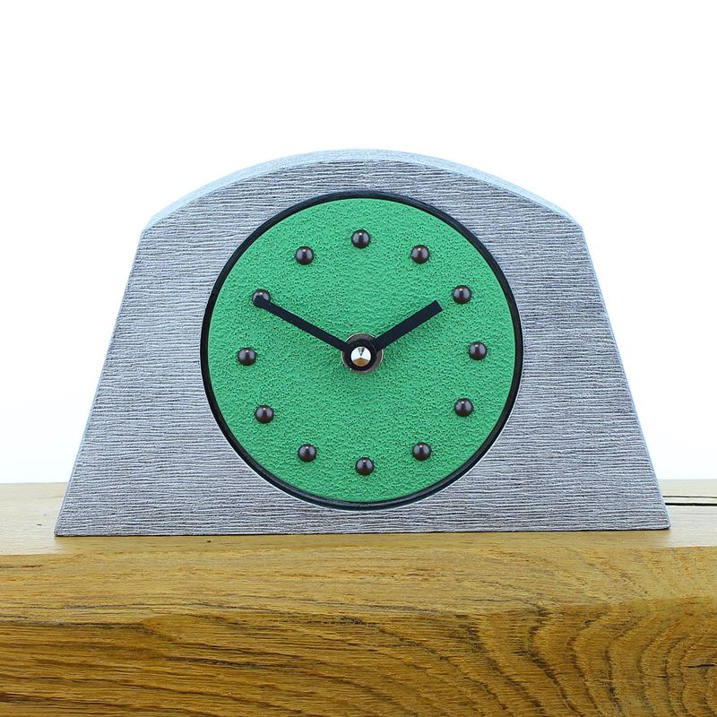 Arched Light Green Mantel Clock, Silver Frame, Antique Studs, Black Hands