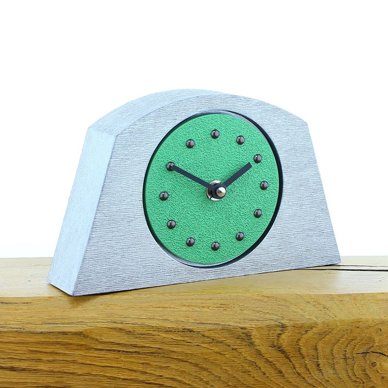 Arched Light Green Mantel Clock, Silver Frame, Antique Studs, Black Hands