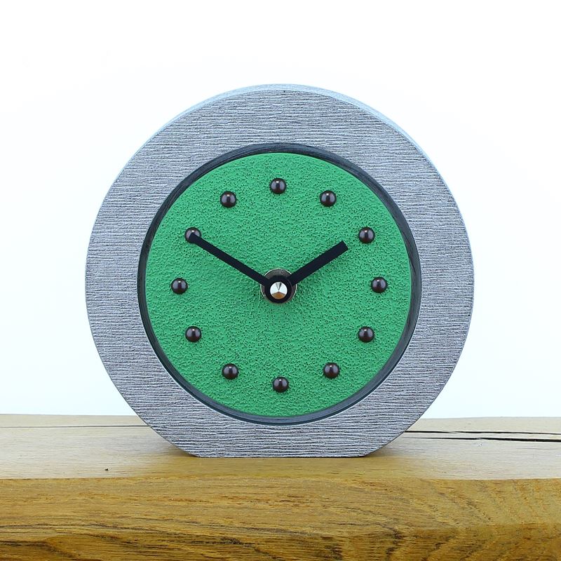 Round Light Green Mantel Clock, Silver Frame, Antique Studs, Black Hands