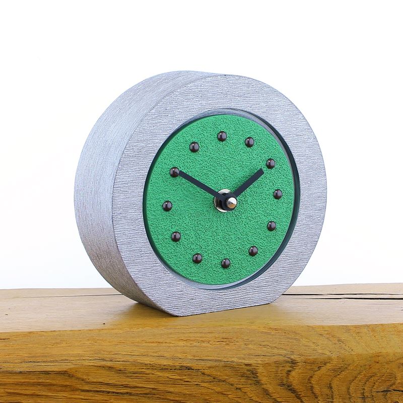 Round Light Green Mantel Clock, Silver Frame, Antique Studs, Black Hands