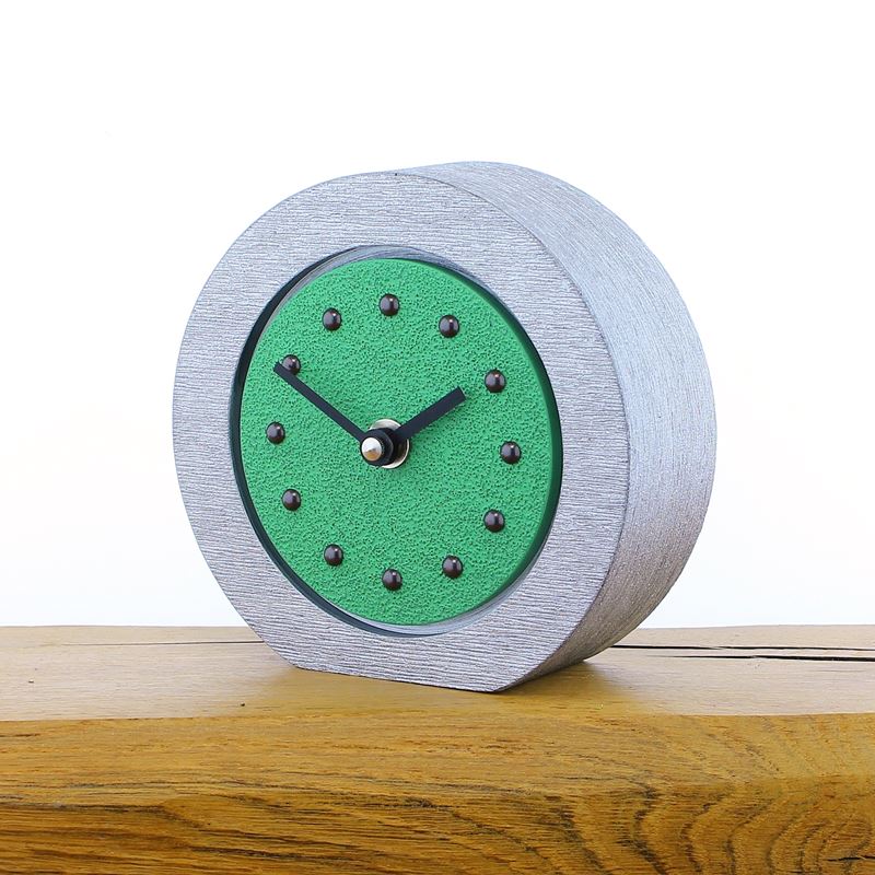 Round Light Green Mantel Clock, Silver Frame, Antique Studs, Black Hands