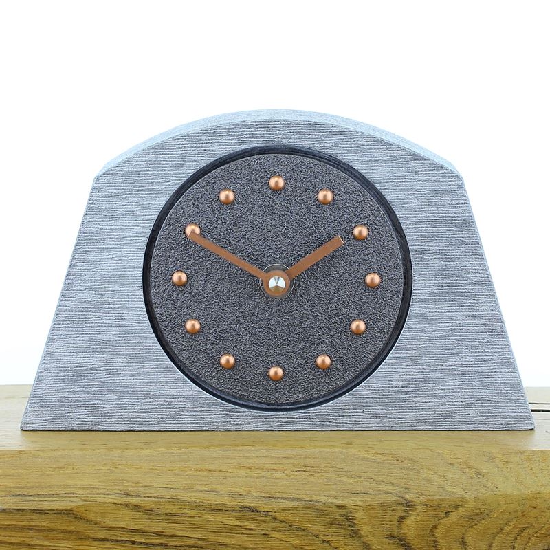 Arched Pewter Coloured Mantel Clock, Silver Frame, Copper Studs and Hands