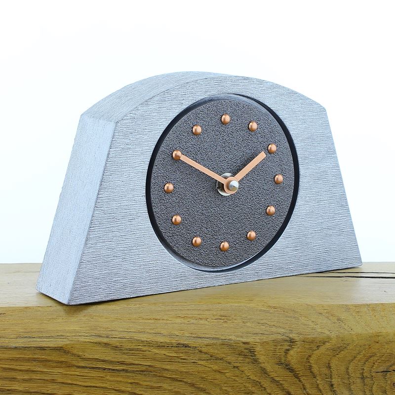 Arched Pewter Coloured Mantel Clock, Silver Frame, Copper Studs and Hands