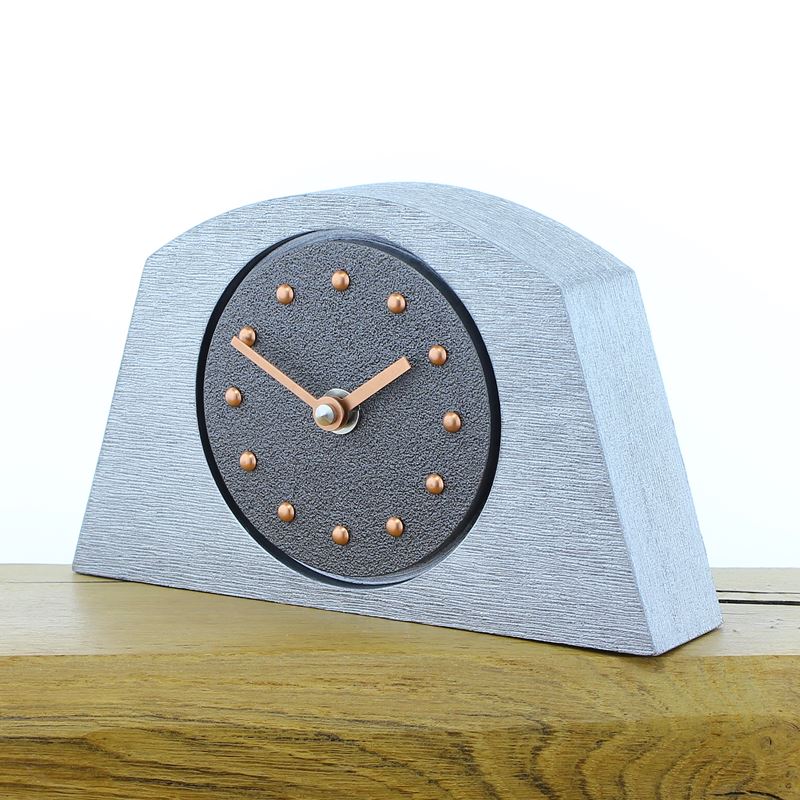 Arched Pewter Coloured Mantel Clock, Silver Frame, Copper Studs and Hands