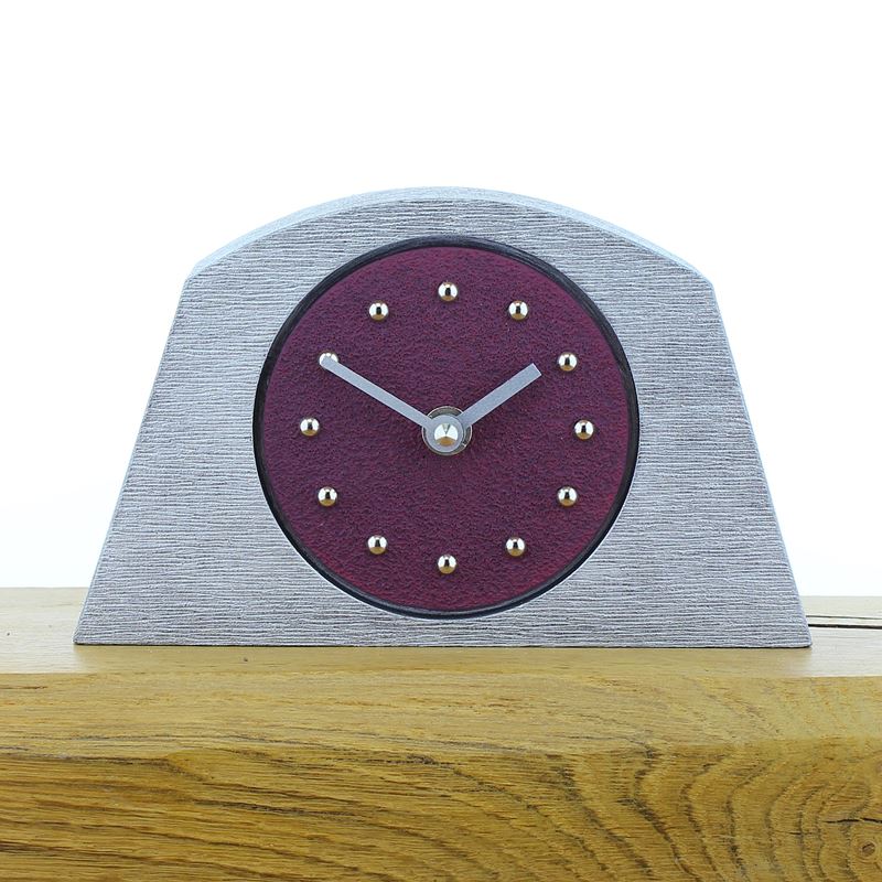 Arched Purple Mantel Clock, Silver Frame, Silver Studs and Hands