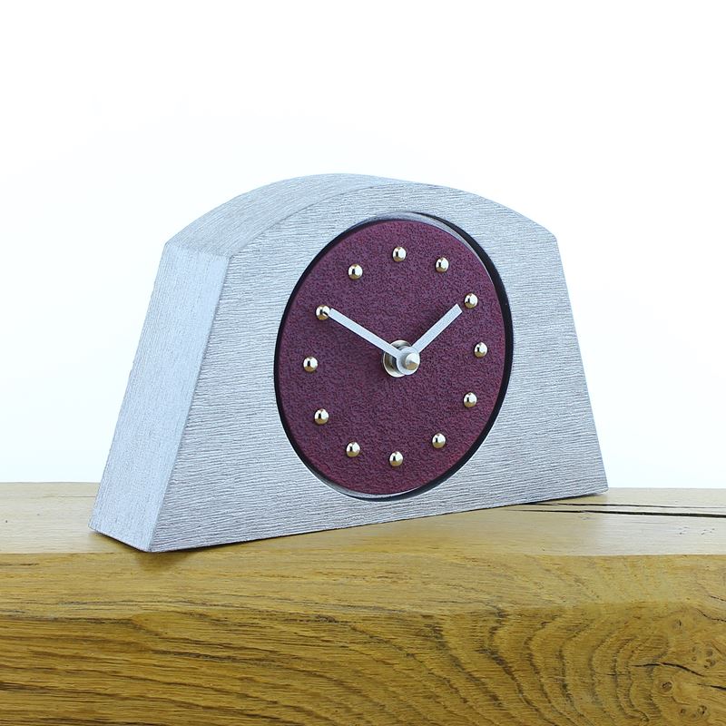 Arched Purple Mantel Clock, Silver Frame, Silver Studs and Hands