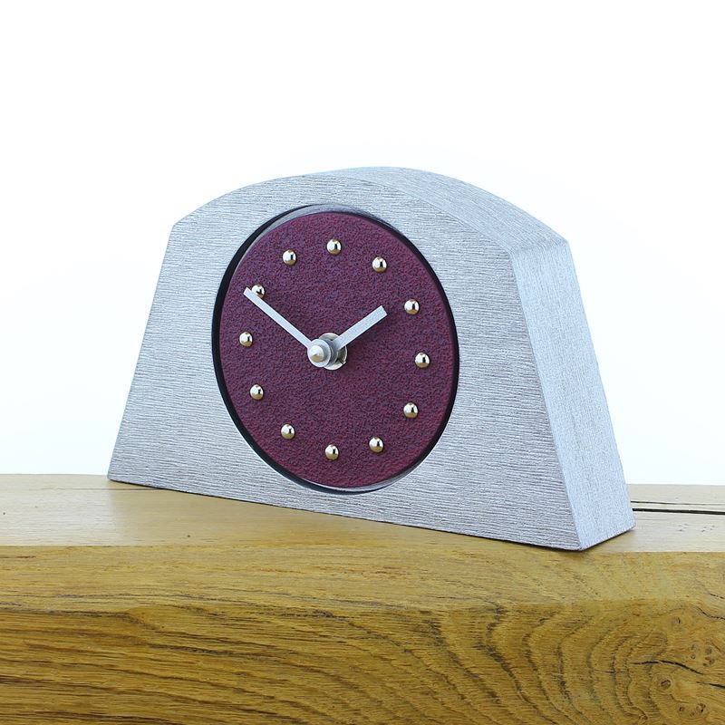 Arched Purple Mantel Clock, Silver Frame, Silver Studs and Hands