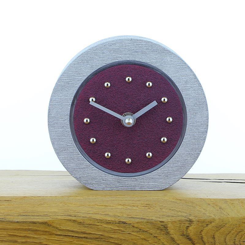 Round Purple Mantel Clock, Silver Frame, Silver Studs and Hands