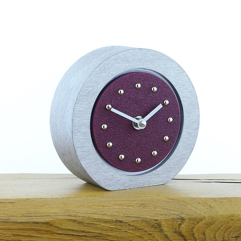 Round Purple Mantel Clock, Silver Frame, Silver Studs and Hands