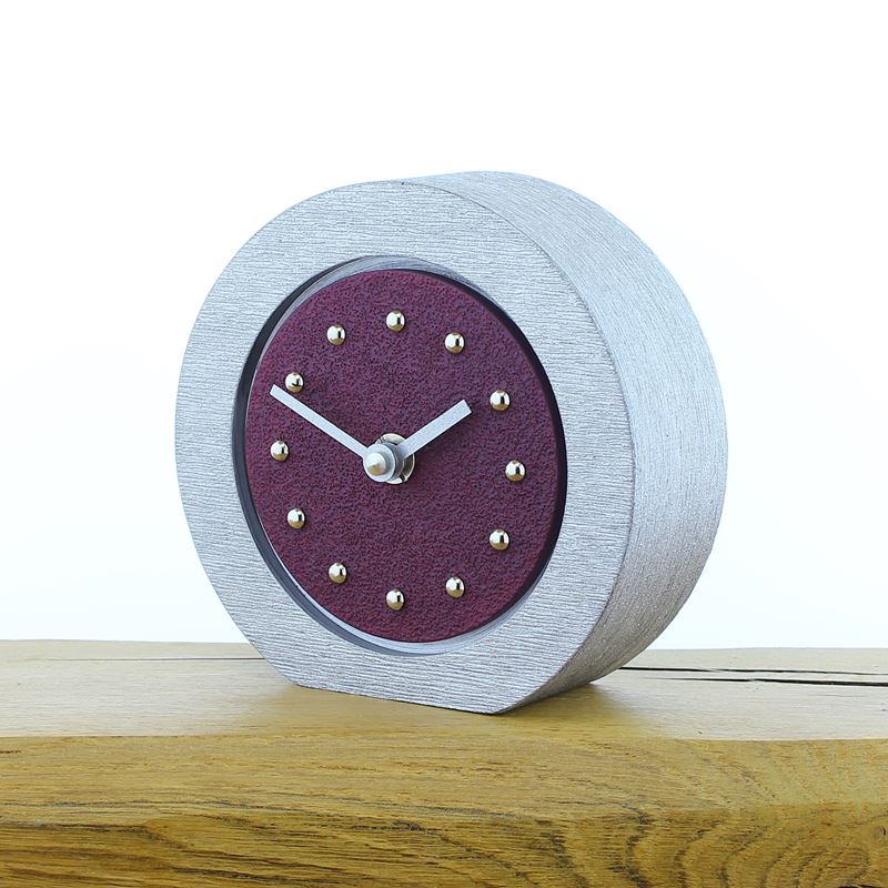 Round Purple Mantel Clock, Silver Frame, Silver Studs and Hands