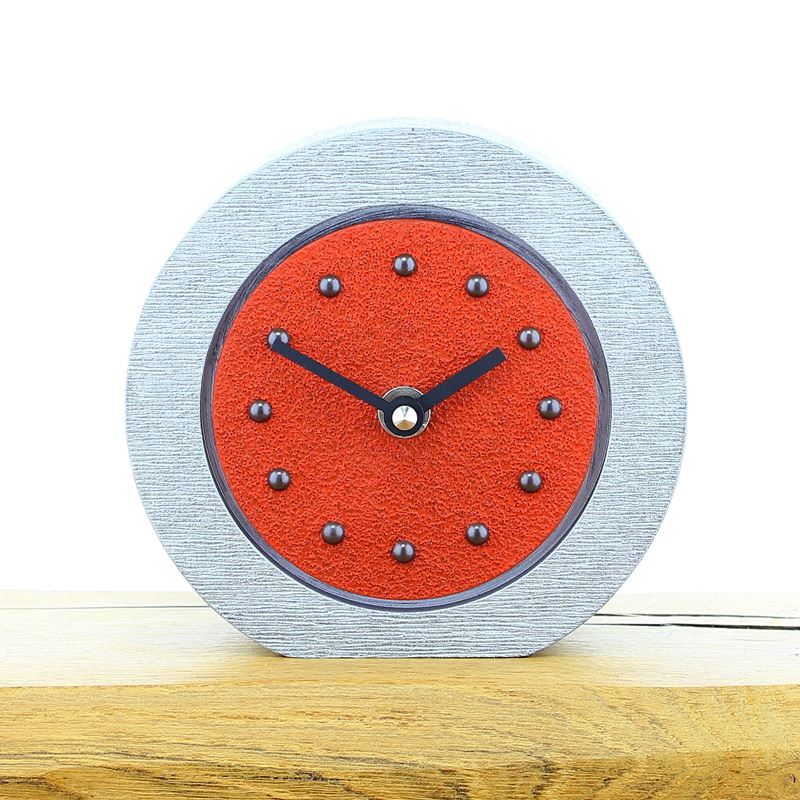 Round Red Mantel Clock, Silver Frame, Antique Studs, Black Hands