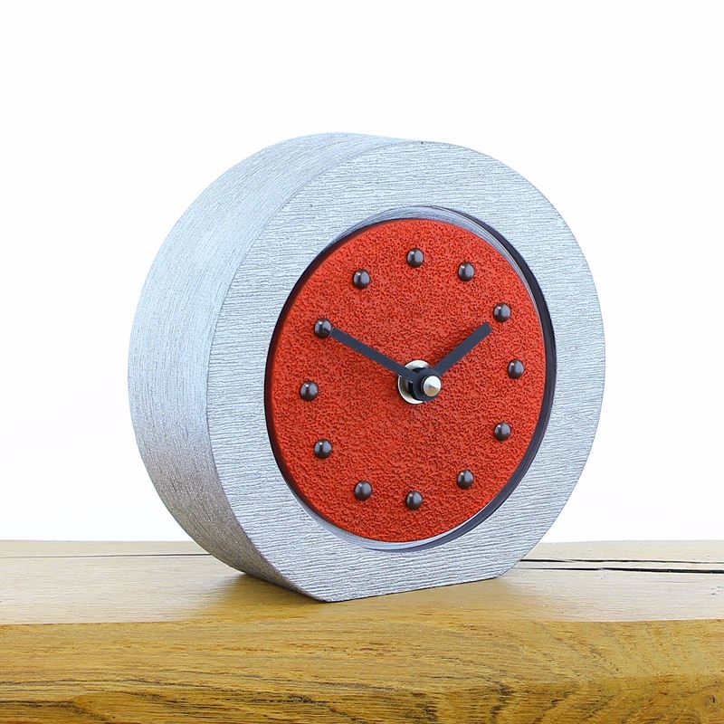 Round Red Mantel Clock, Silver Frame, Antique Studs, Black Hands