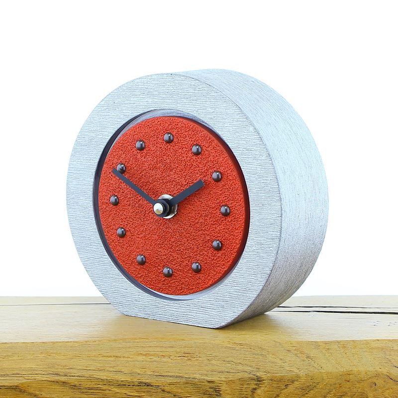 Round Red Mantel Clock, Silver Frame, Antique Studs, Black Hands