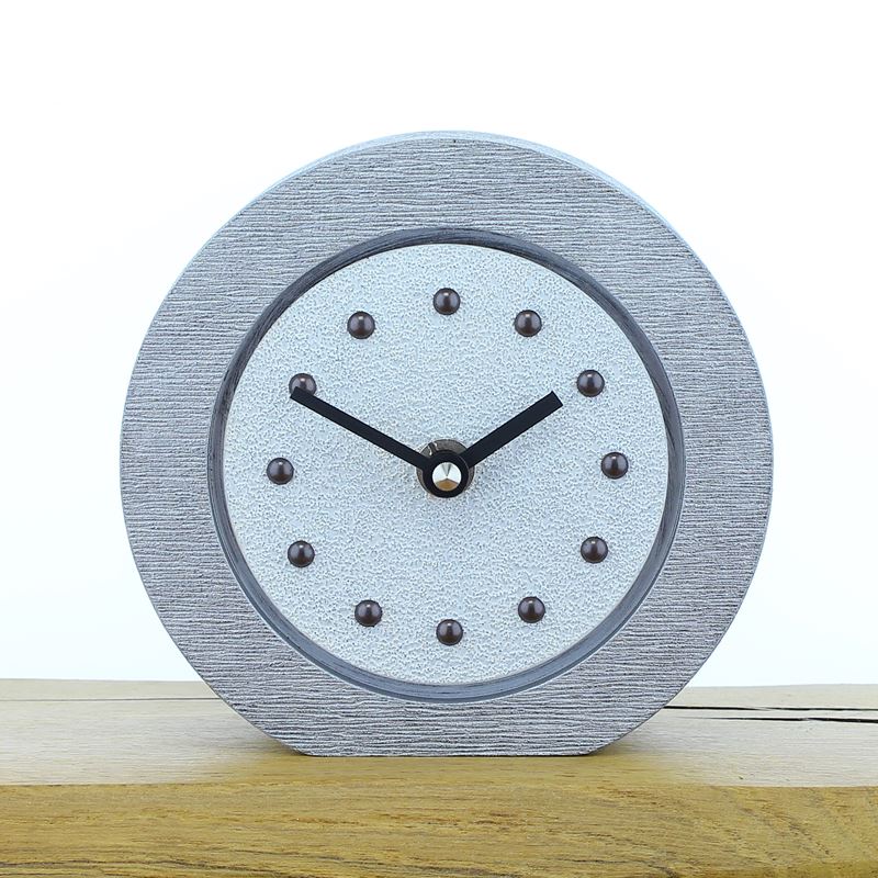 Round White Mantel Clock, Silver Frame, Antique Studs, Black Hands