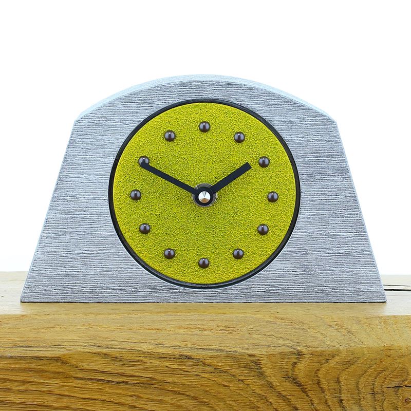 Arched Yellow Mantel Clock, Silver Frame, Antique Studs, Black Hands