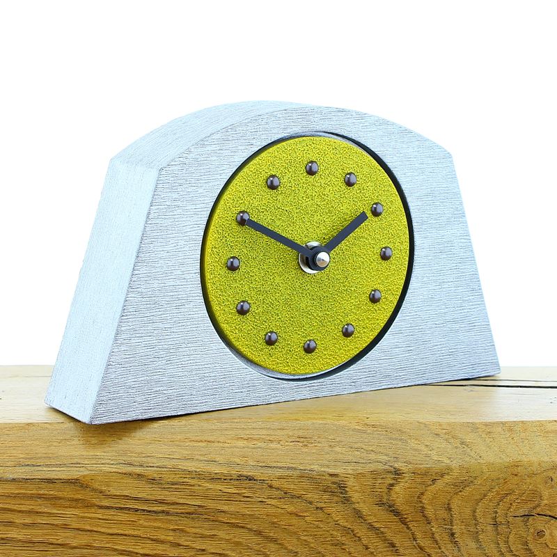 Arched Yellow Mantel Clock, Silver Frame, Antique Studs, Black Hands