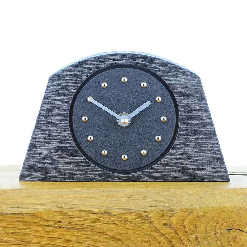 Arched Black Mantel Clock, Pewter Frame, Silver Studs and Hands