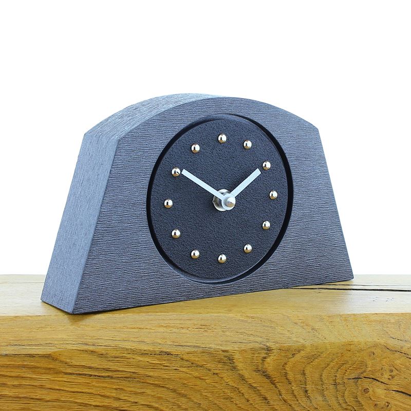 Arched Black Mantel Clock, Pewter Frame, Silver Studs and Hands