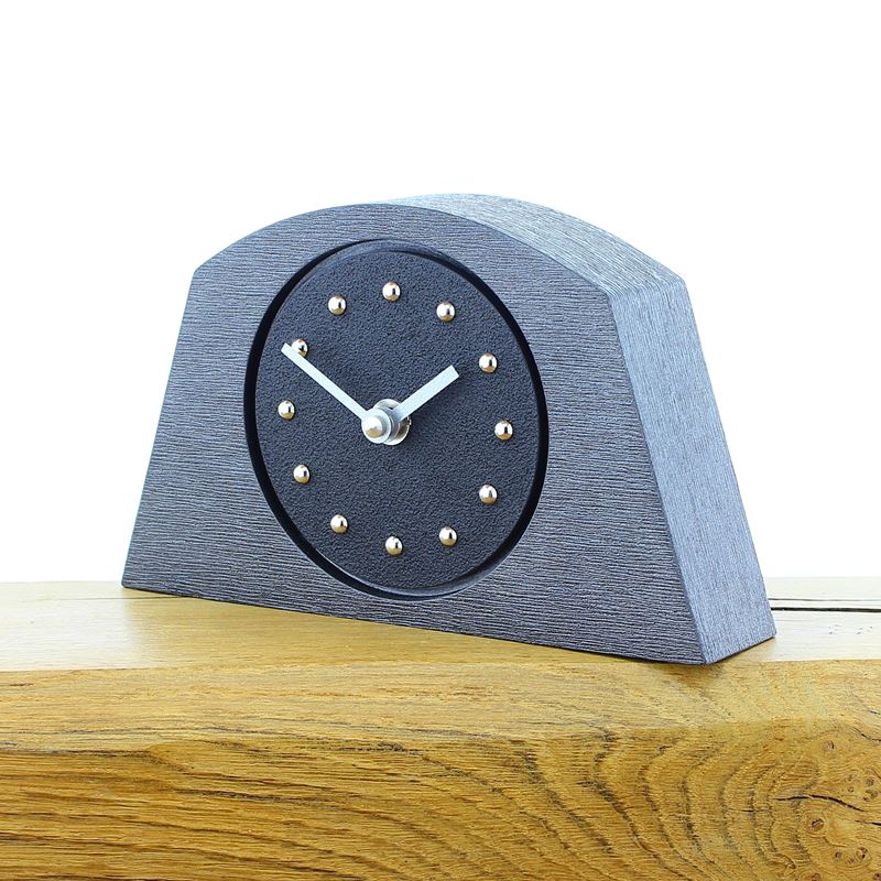 Arched Black Mantel Clock, Pewter Frame, Silver Studs and Hands