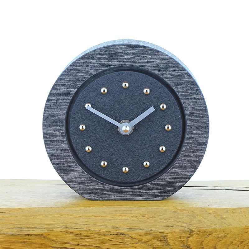 Round Black Mantel Clock, Pewter Frame, Silver Studs and Hands