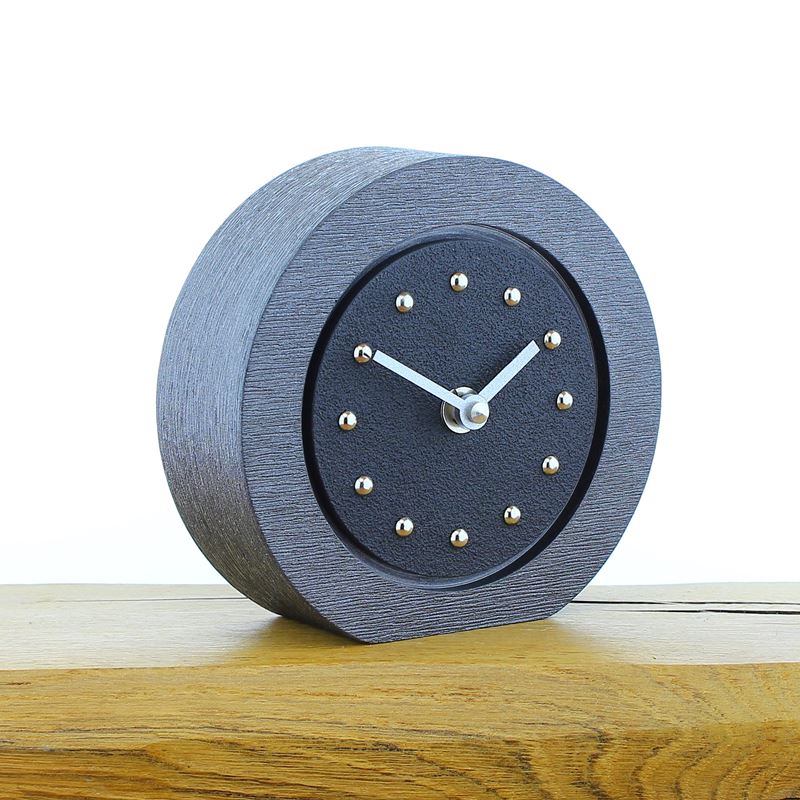 Round Black Mantel Clock, Pewter Frame, Silver Studs and Hands